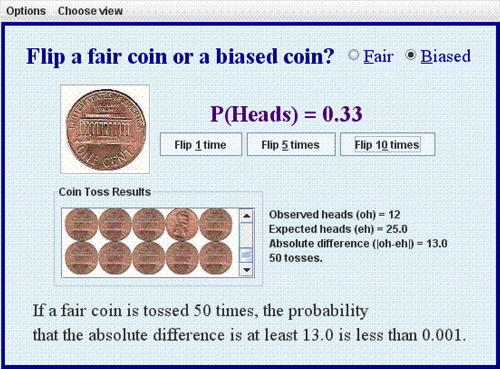 Figure 2: The investigate view of the p-value applet.