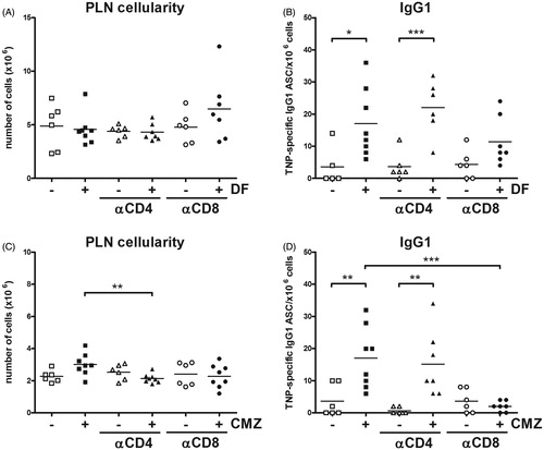 Figure 5. T-cell depletion. Mice (n = 6–8/group) were exposed orally to a single dose of 75 mg/kg DF or seven consecutive daily doses of 100 mg/kg CMZ. During oral administration, CD4+ and CD8+ T-cells were depleted by IP injection of αCD4 or αCD8 depleting antibodies. On Day 21, mice were challenged in hind footpad with 0.5 mg/animal of DF/CMZ together with 10 μg TNP-Ficoll. Seven days after the challenge, mice were euthanized and their PLN isolated for analysis. Percentages of naïve (CD62L+ CD44−), effector (CD62L+ CD44+) and memory (CD62L−CD44+) subsets within all PLN CD4+ and CD8+ T-cells were determined. Values shown are means ± SEM of vehicle- or drug-exposed groups. *p < 0.05, **p < 0.01, ***p < 0.001; value significantly different vs. vehicle controls.