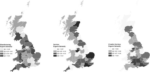 Figure 2. Spatial distribution of creative, other services and manufacturing exports, 2011–17.Note: Statistics are elaborated using data from the Annual Business Survey (ABS) and Inquiry in International Trade in Services (ITIS) databases. Manufacturing, services and creative service exports intensities have been normalized and averaged over the period 2011–17.