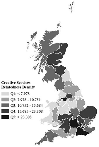 Figure 6. Average relatedness density of creative services across UK regions, 2011–17.Note: Statistics are elaborated using data from the Annual Business Survey (ABS) and Inquiry in International Trade in Services (ITIS) databases.