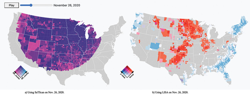 Figure 11. The animated bivariate maps on November 26th, 2020, 40 days before the second peak using a) the prospective space-time scan statistics and b) LISA.