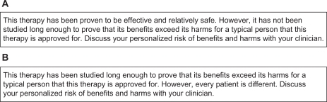 Figure 1 Language that could be included as part of a post-marketing “benefits exceed harms” label. Prior to the issuing of this label ([A] possible lay explanation), data may have been consistent with benefits exceeding harms, but not robust enough to constitute proof. Issuing the “benefits exceed harms” label ([B] possible lay explanation) would designate that sufficient evidence had accumulated to allow detection of harms that could offset known benefits and, consequently, proof that benefits exceed harms. This is a far higher evidence standard for benefit–risk assessment than is currently required for marketing approval, and is more akin to the current evidence standard for effectiveness.