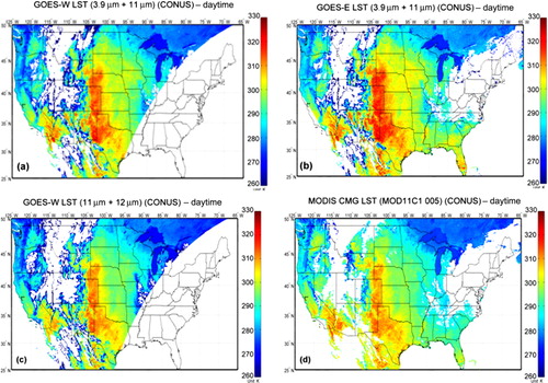 Figure 4. (a) GOES-W (3.9 + 11 µm), (b) GOES-E (3.9 + 11 µm), (c) GOES-W (11 + 12 µm), and (d) MODIS LST for daytime composite according to MODIS viewing time on 14 April 2004.