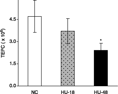 Figure 2 Effects of exposure to HU on numbers of TEPC. Mice were injected with 2 ml of sterile 3% thioglycollate, an inflammatory agent, into the peritoneal cavity four days prior to harvest and normally-caged (NC, white bar) or exposed to HU for 18 h (HU-18, grey stippled bar) or 48 h (HU-48, black bar) prior to harvest. Values are expressed as the means of total numbers of peritoneal cells collected ± SE. Asterisk indicates significant difference compared to normally caged group (p ≤ 0.05).