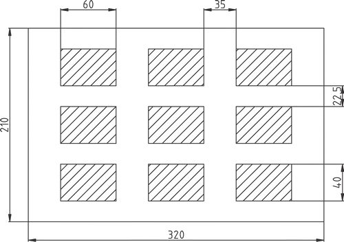 Figure 5. Plate with nine surface bonded patches (dimensions in mm).