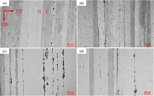 Figure 6. Optical microscopy images of the microstructure of the four samples: (a) 9:1, (b) 25:1, (c) 9-T6, (d) 25-T6.