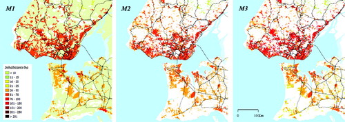 Figure 2. Population distribution in Greater Lisbon, Portugal. Results for each dasymetric approach. Pixel size: 100 × 100 meters.