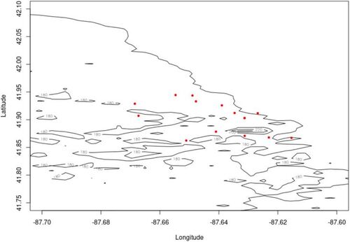 Fig. 4 Spatial points on 18 May along with a contour plot of the elevation covariate.