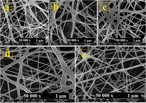 Figure 4. FESEM image for TiO2/PVP nanofibers at different deposition angles (a) 0°, (b) 45°, (c) 90°, (d) 135°, (e) 180°.