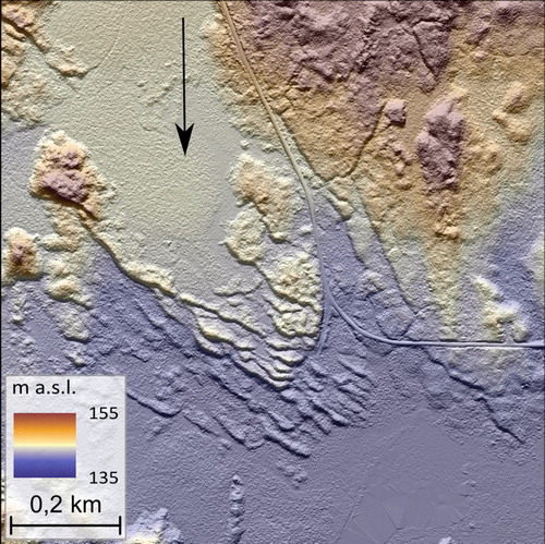 Figure 5. An example of murtoos mapped in the study area. Black arrow displays former ice-flow direction, based on glacial lineations. The murtoos are composed entirely of surficial, glacial sediment. The extent of the figures is displayed in Figure 1(B).