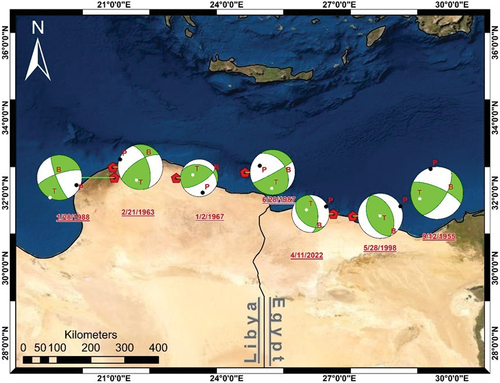 Figure 11. Focal mechanism solutions of the significant earthquakes that occurred along the African continental margin (After Abou Elenean Citation1997; Abou Elenean and Hussein Citation2007; Centroid Moment Tensor Online Bulletin).