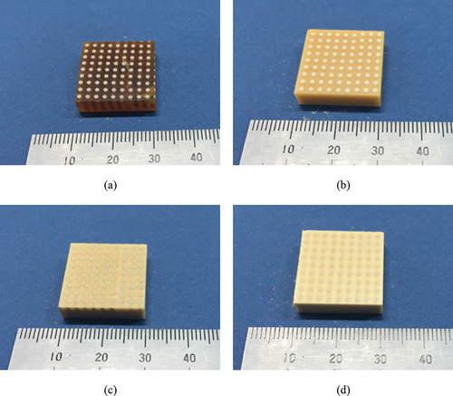 Figure 5. Fabricated piezoelectric composite according to the porosity of the polymer matrix : (a) 0%, (b)10%, (c) 20% and (d) 30%.