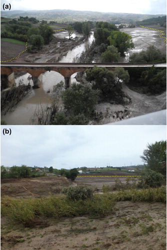 Figure 3. Example of geomorphologic signature of the flood along the eastern river segment of the Benevento Province. The yellow dashed line indicates the boundary of the involved area. See Figure 2 for the position when taking the photo.