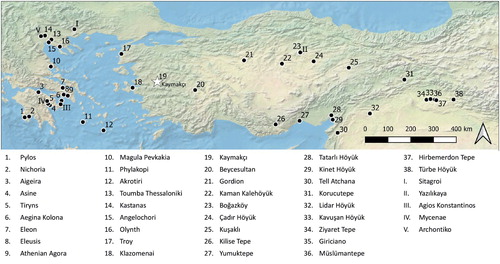 Figure 1. Sites mentioned in the text. Data from sites 1–38 was included in the analysis; sites I–V are only mentioned in text.