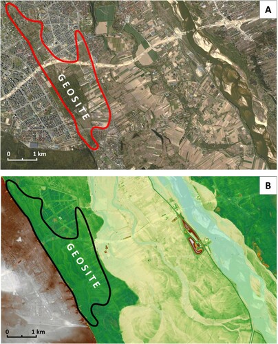 Figure 9. Natolin geosite on different maps: (A) orthoimage derived from www.geoportal.gov.pl, (B) LIDAR DEM and orthophoto derived from www.geoportal.gov.pl