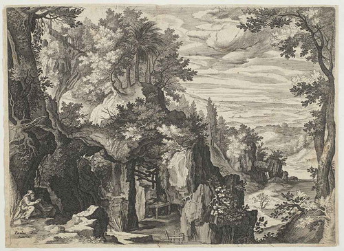 Figure 3. Aegidius II Sadeler after Paul Bril, Mountain Landscape with Hermit, engraving, 19.0 × 26.6 cm. (plate); vol. IV Raphael Part Second, Rare Books, Baillieu Library, University of Melbourne.