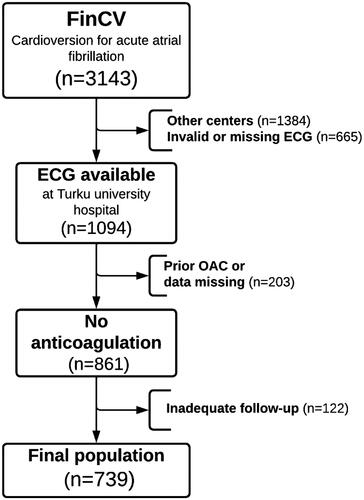 Figure 1. Flow chart presenting study inclusion criteria. ECG: electrocardiogram; FinCV: Finnish cardioversion study; OAC: oral anticoagulant.