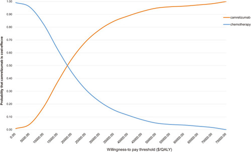 Figure 6 Cost-effectiveness acceptability curve for camrelizumab vs docetaxel or irinotecan chemotherapy.