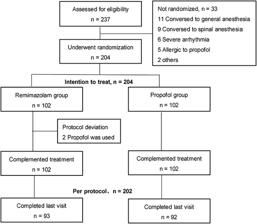 Figure 1 Case screening flow chart. We screened 237 patients undergoing cervical conization, 204 of them were randomized, and 102 in each group. All participants completed the procedure and 185 of them remained after the postoperative follow-up (remimazolam group, n = 93; propofol group, n = 92).