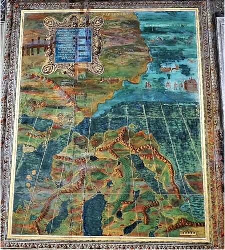 Fig. 4. The mural map of Gronlandia e Biarmia (La Scandinavia settentrionale e Terre nordiche), 266 × 327 cm, in the west wing of the Terza loggia; the coordinate grid is visible in the lower part, but it seems to be missing in the upper part of the mural due to partial overpainting during subsequent restorations; the descriptive pictograms are scattered around the cartouche and on the right upper part of the mural map (Photo: Arvo A. Peltonen, 7 October 2016) (Courtesy of the Segreteria di Stato della Santa Sede and I Musei Vaticani)