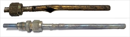 Figure 4. Difference in failure behaviour between high-pressure test (burst like) and low-pressure test (slow leaking) for samples TB-262 (155,5 bar, above) and TB-252 (60 bar, below).