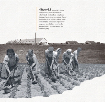 Collectivized labor practices on a Hungarian state farm, from the “1956” chapter (16). As a user scrolls vertically, the background (brown duotone) image subtly floats up behind the foreground (blue duotone) image to achieve a sense of depth.