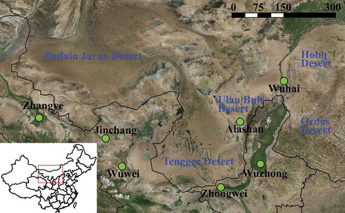 Figure 1. Geographic location of the study site and five main deserts of the South Gobi region.