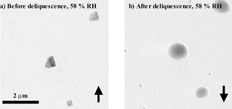 FIG. 3 The crystalline particles in Figure 3a are imaged at 58% RH as the RH is increased from 0% RH (up arrow), and the solution particles in Figure 3b are imaged at 58% RH as the RH is decreased from 84% RH (down arrow) at ∼ 279 K.
