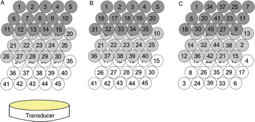 Figure 5. Scanning sequences used in the 1-cm3 superficial tumour simulations. Each sequence heated 45 focal spots in a 3 × 5 × 3 pattern: (A) x-y raster pattern, (B) y-z raster pattern, (C) alternating pattern with reduced normal tissue SAR overlap. The 4.4-cm3 tumour used similar patterns with 243 points.