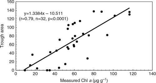 Fig. 4  Modelling relationship between the trough area at 650–700 nm and the measured chlorophyll a concentrations for the 32 samples from the three sediment profiles.
