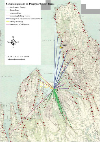 Figure. 7. Obligations imposed by Þingeyrar and its administrator Lauritz Gottrup on tenant farmers. Source: Maps produced using basemap data from Landmælingar Íslands.