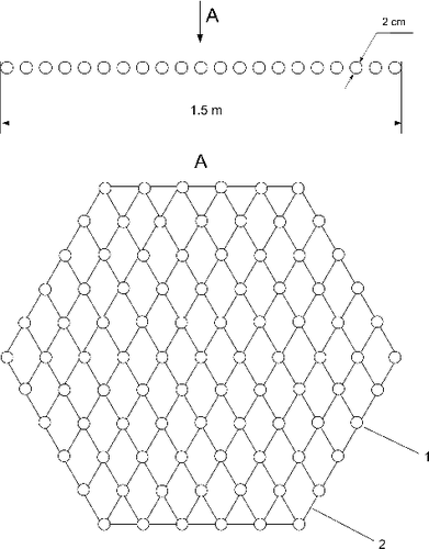 Figure 2. Sinking device in the form of spatial structure: (1) spherical heat-generating elements; (2) connecting elements.