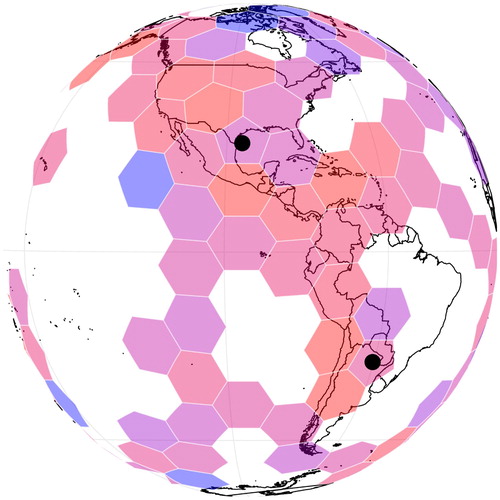Figure 2. A hexagonal tiling of the Earth based on an icosahedron. Pentagons are marked with black dots. Image produced with dggridR (Barnes Citation2017), an R package for manipulating discrete global grids.