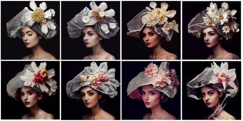 Figure 3. An example of image iteration. The original image was created with the prompt ‘plastic bag hat, rococo flowers, black background,—testp,’ followed by requests for variations in the first image. Created with Midjourney.