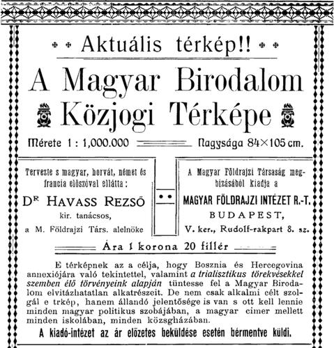 Figure 2. Anonymous (Citation1912): A Magyar Birodalom közjogi térképe [Constitutional map of the Hungarian Empire]. Advertisement in the Földrajzi Közlemények 40:184. Reprinted with the permission of the Hungarian Geographical Society.