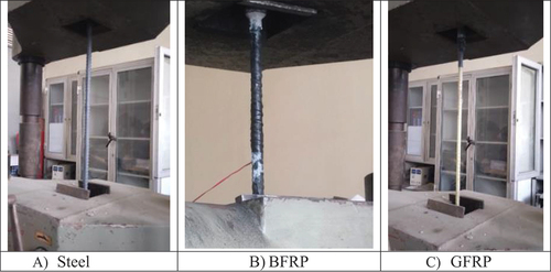 Figure 4. Tensile strength test for A) steel B) BFRP, and C) GFRP.