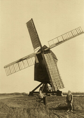 Figure 3. Gransden Windmill in its working days in the early 1870s—a rare early photograph of a typical early post mill. Note the open trestle supported on brick plinths, the two plain sails with cloths unfurled and the curved roof shape (photo: Revd Frederick Le Grice. From Gransden Society Archives)