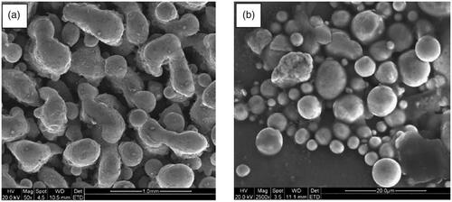 Figure 2. Examples of typical balling phenomenons: (a) big-sized balls, 500 μm; (b) small-sized balls, 10 μm. Courtesy of Li et al. [Citation57].