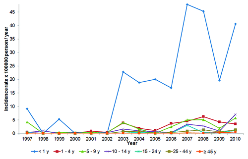 Figure 2. Pertussis cases associated with reported outbreaks by age group and year. Catalonia, 1997–2010.