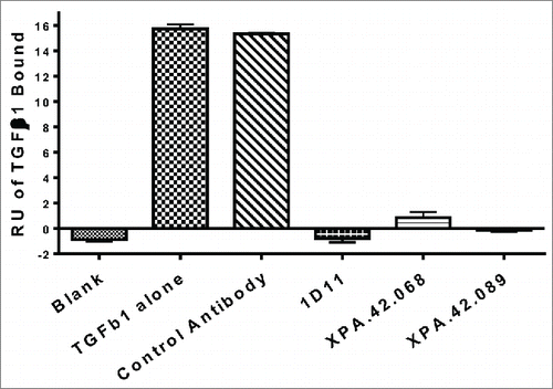 Figure 6. Antibody competition with TGFβ1 binding to rhLAP. rhLAP was immobilized on a CM5 sensor chip of a Biacore 2000. TGFβ1 was injected at 10 nM in the presence of 66.6 nM IgG. Level of TGFβ1 bound to rhLAP at the end of the injection is shown. A lack of signal shows competition with TGFβ1 binding by the antibodies.