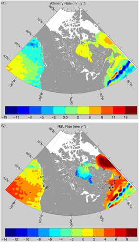 Fig. 7 (a) Geocentric sea level change rate from altimetry data from 1993 to 2011. (b) Rate of MRSL change inferred from (a) and the VLM due to the GIA based on Peltier's (Citation2004) model. Estimates from tide-gauge data for the same period are also shown as coloured circles, except at Nain where the data period is from 1963 to 2011.