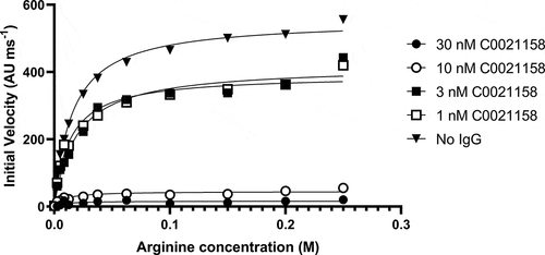 Figure 7. C0021158 inhibits recombinant ARG2 with a noncompetitive mechanism of action. The activity of trimeric ARG2 was measured at defined concentrations of C0021158 IgG1 while titrating different concentrations of L-arginine into the assay. Changing the concentration of C0021158 reduces the enzyme’s Vmax without significantly affecting its KM. Michaelis-Menten least squares fit model used to determine Vmax and KM values for a given concentration of C0021158 (Table 1).