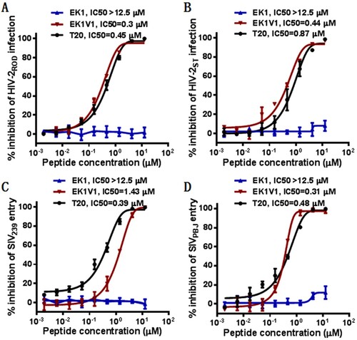 Figure 2. Cross-inhibitory activity of EK1 and EK1V1 on HIV-2 and simian immunodeficiency virus (SIV). Inhibition of replication-competent HIV-2ROD (A) and HIV-2ST (B) was determined by P24-based assay and inhibition of SIV293 (C) and SIVPBJ (D) pseudoviruses was determined by pseudovivirus-based single-cycle infection assay. The experiments were repeated three times, and data are expressed as means ± SD while the mean IC50 values are shown.