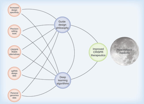 Figure 1.  Machine learning fuels Desktop Genetics.Desktop Genetics uses data from CRISPR experiments and literature to fuel our cognitive machine learning algorithms. In concert with the moon shot goals of personal genomics initiatives, this artificial intelligence system will efficiently design CRISPR therapeutics tailored to the needs of individual patients.