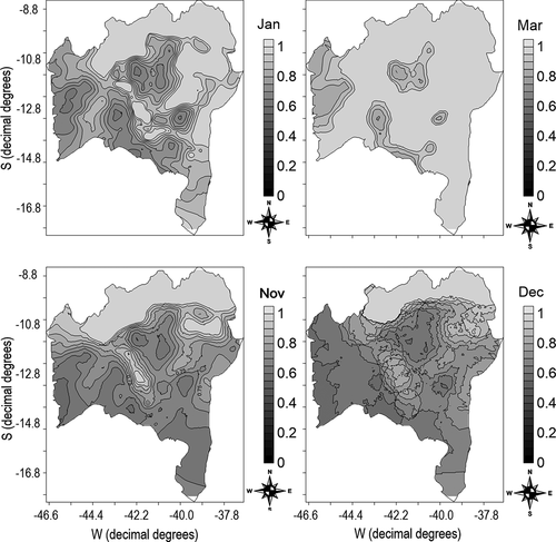 Figure 3. Thematic maps of the fuzzy classification of mean monthly rainfall for the state of Bahia. Jan – (A); Mar – (B); Nov – (C); Dec – (D); Pertinence with values close to or equal to 0 – Less climatic favorability for the development of conilon coffee; Pertinence with values close to or equal to 1 – Greater climatic favorability for the development of conilon coffee