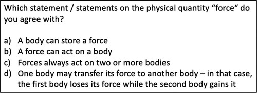 Figure 2. Sample item for conceptual knowledge and misconceptual knowledge (translated from the German language, taken from Kulgemeyer and Wittwer (Citation2022)).