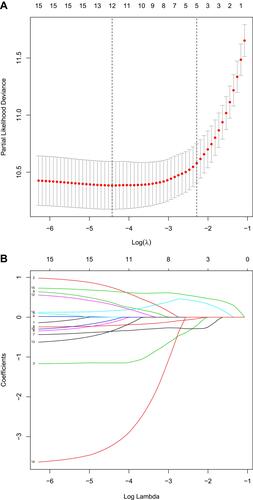 Figure 4 Construction of the prognostic signature based on 12 DDR-related genes. (A) Tuning parameter (lambda) screening in the Lasso regression model. (B) The Lasso coefficient profiles of the common genes (1- RECQL; 2- BARD1; 3-CDC5L; 4- CETN2; 5- RFC2; 6- ERCC5; 7- RRM1; 8- ELOA; 9-WEE1; 10- GADD45G; 11- RPA1; 12- PARP4; 13- DCLRE1B; 14-TOP3B; 15- CDC25A).