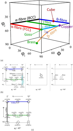 1 a Various fibre textures that are of relevance for rolling and annealing textures in FCC and BCC alloys; b ϕ2 = 45, 65 and 90° sections and c ϕ2 = 45° section, representing the characteristic components and fibres of the FCC and BCC rolling and annealing textures, respectively