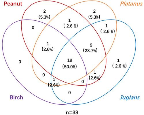 Figure 3 Venn diagram of component co-sensitization among the peanut, Platanus, birch, and Juglans allergens.