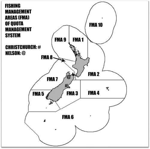 Figure 1. Map of Fishing Management Areas (FMA) for QMS. Adapted from NIWA map, n.d. (https://niwa.co.nz/media-gallery/detail/109673/42525).